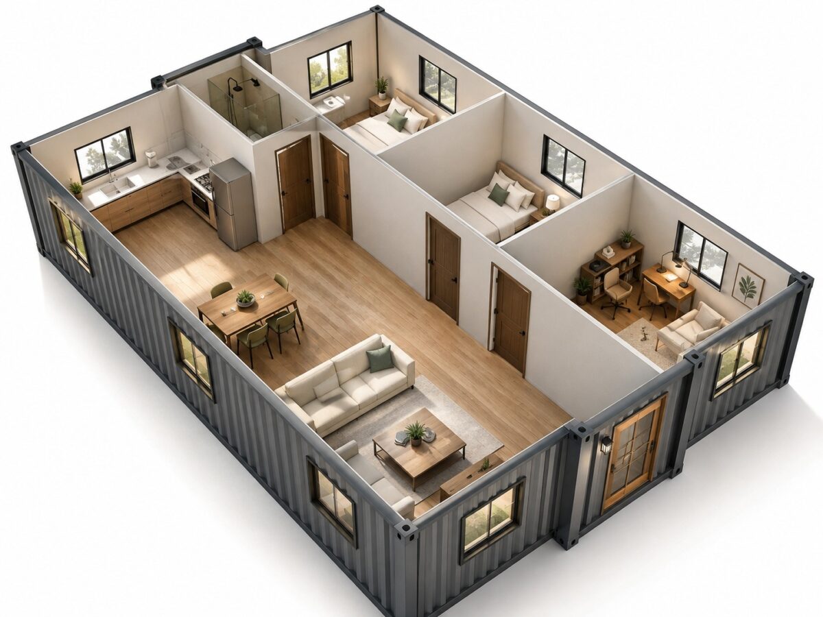 40ft Luxury 3 Bedroom Foldable Container Home – 1 Living Room, 1 Bathroom & Kitchen, Prefab Mobile House Easy Setup