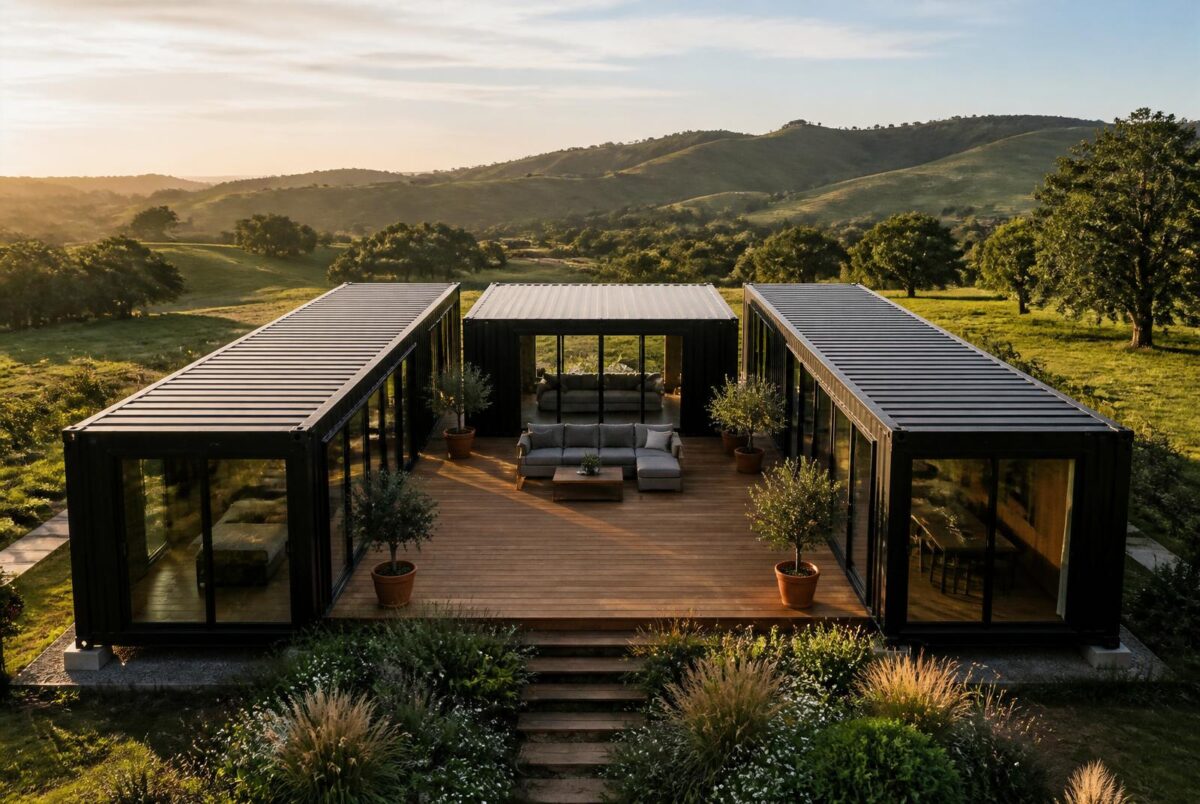 Trinity 100ft U-Shape Modular Container Home — 2 Bedroom, 2 Bathroom, Central Deck (Two 40ft + One 20ft)