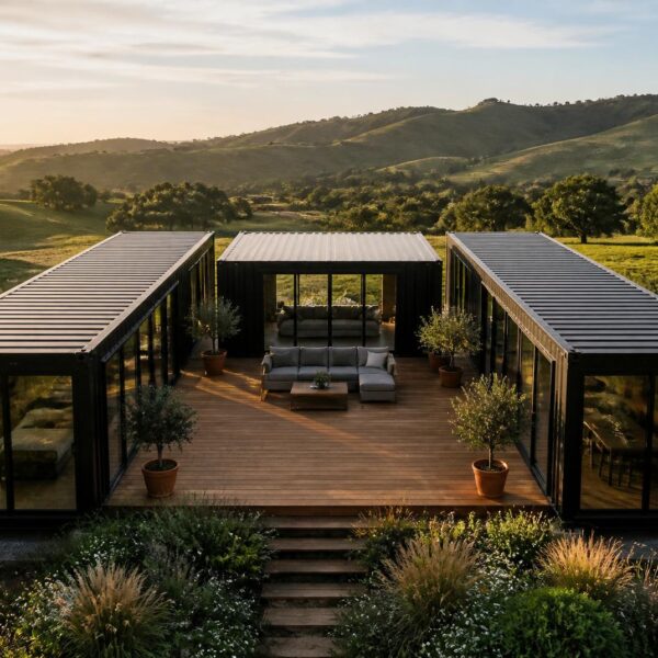 Trinity 100ft U-Shape Modular Container Home — 2 Bedroom, 2 Bathroom, Central Deck (Two 40ft + One 20ft)