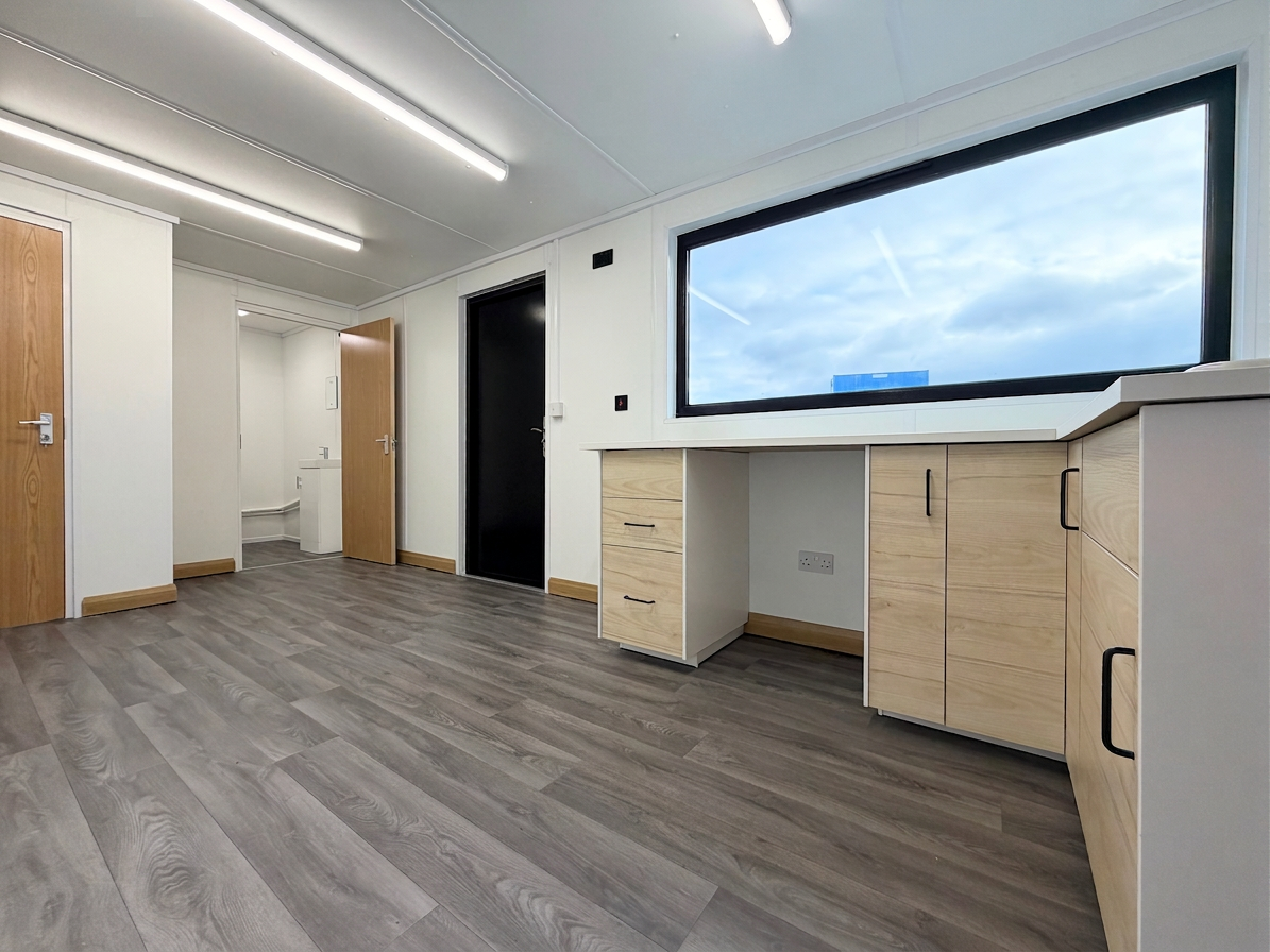 24x10ft — CUSTOM — Welfare Lounge — Shower / Changing Room / Toilet / Kitchen / Canteen — Portable Anti-Vandal Building — No 1503