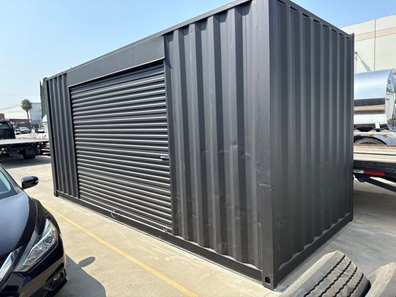 20ft Used Shipping Container – Matte Black w/ 12 Side Roll-Up Door